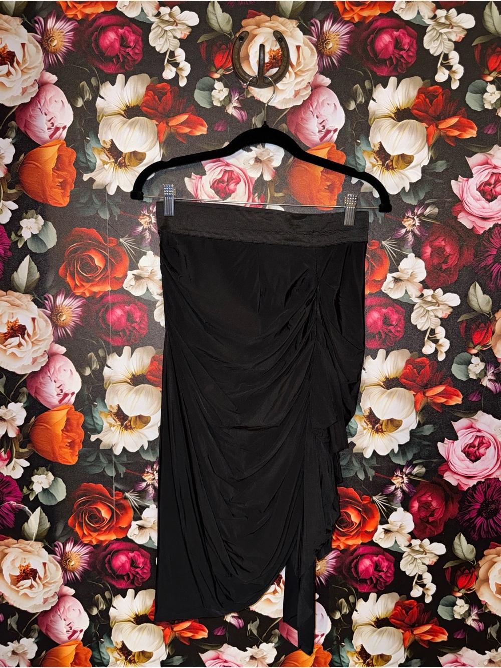 L.A.M.B. by Gwen Stefani Black Draped Asymmetrical Fitted Ruched Skirt, Small